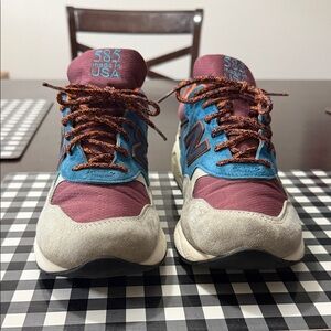 New Balance 585 in Blue, Burgundy, and Tan